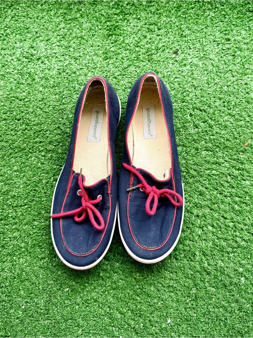 Grasshoppers Navy Blue Canvas Boat Shoes Women's US 6.5 Pink Lace Accent Flats